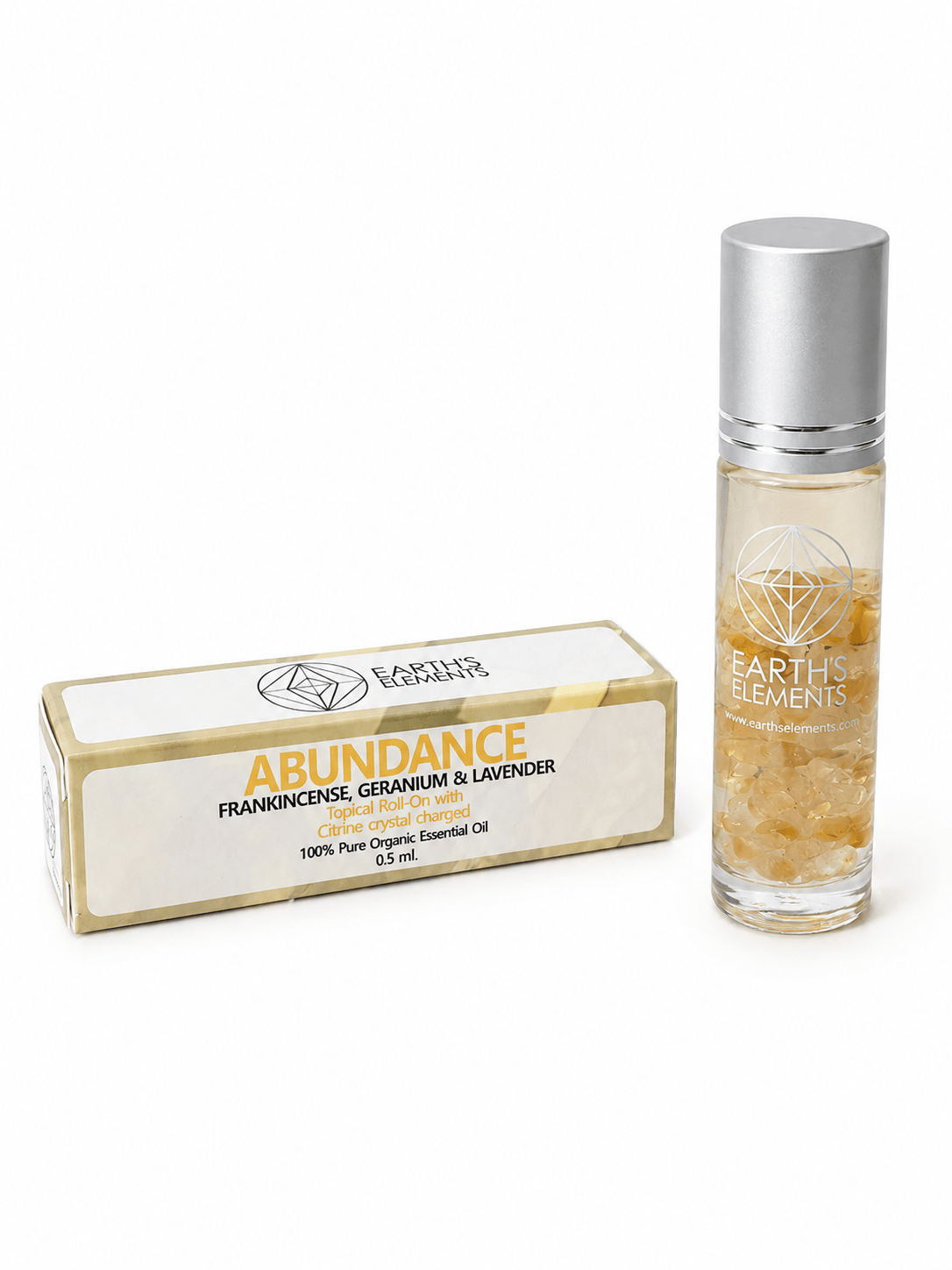 Organic roll-on perfume and citrine crystals accessories by Sacred Light Soundbaths and Crystals, featuring a sleek glass bottle and golden crystals.