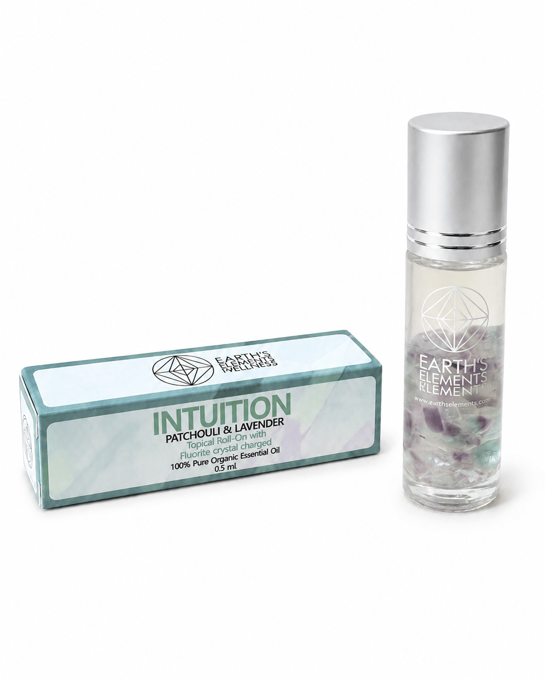 Intuition Organic Roll-On Perfume and fluorite crystals, accessories from Sacred Light Soundbaths and Crystals, displayed together.