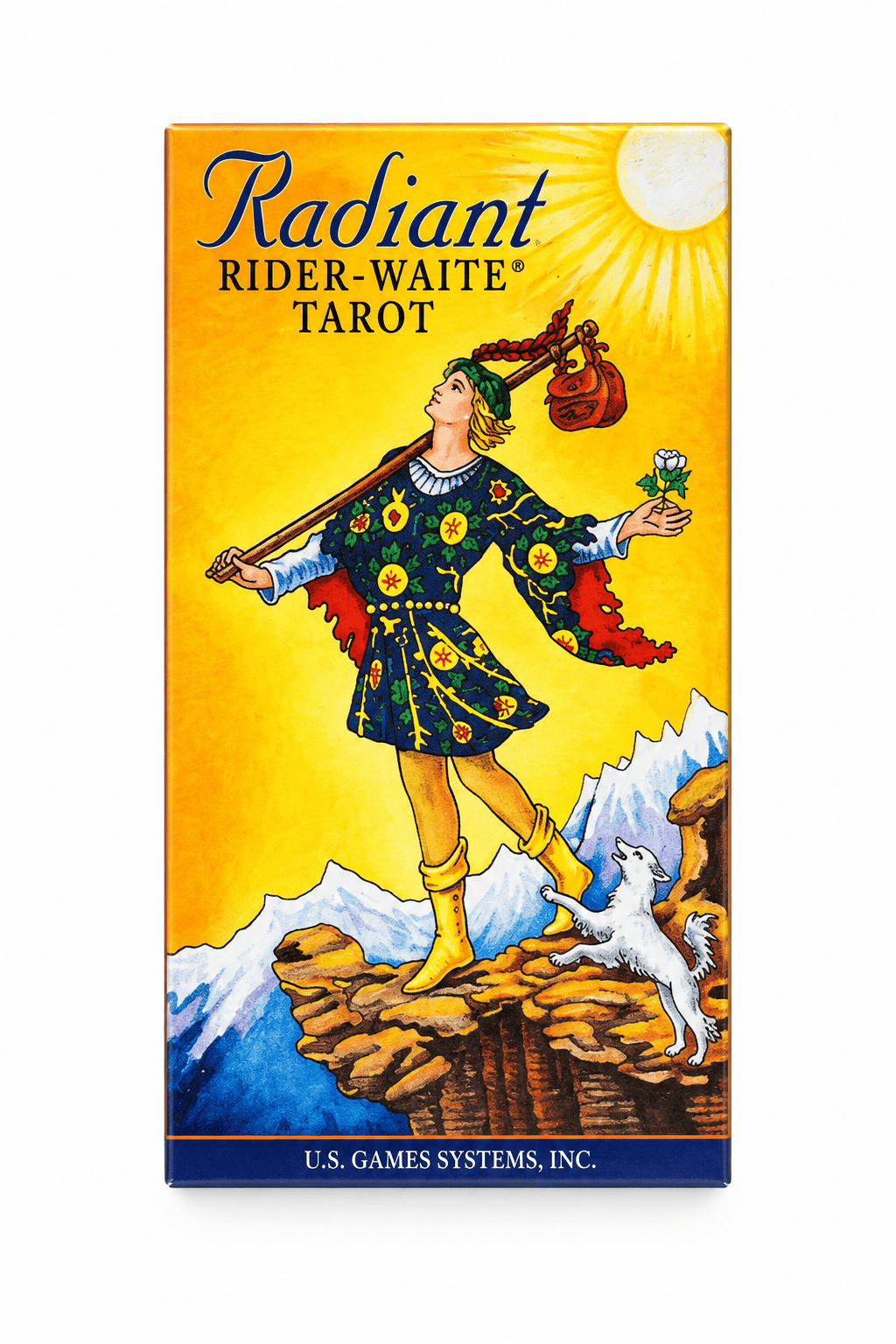 Radiant Rider-Waite Tarot Deck by Sacred Light Soundbaths and Crystals, showing colorful card illustrations spread out.