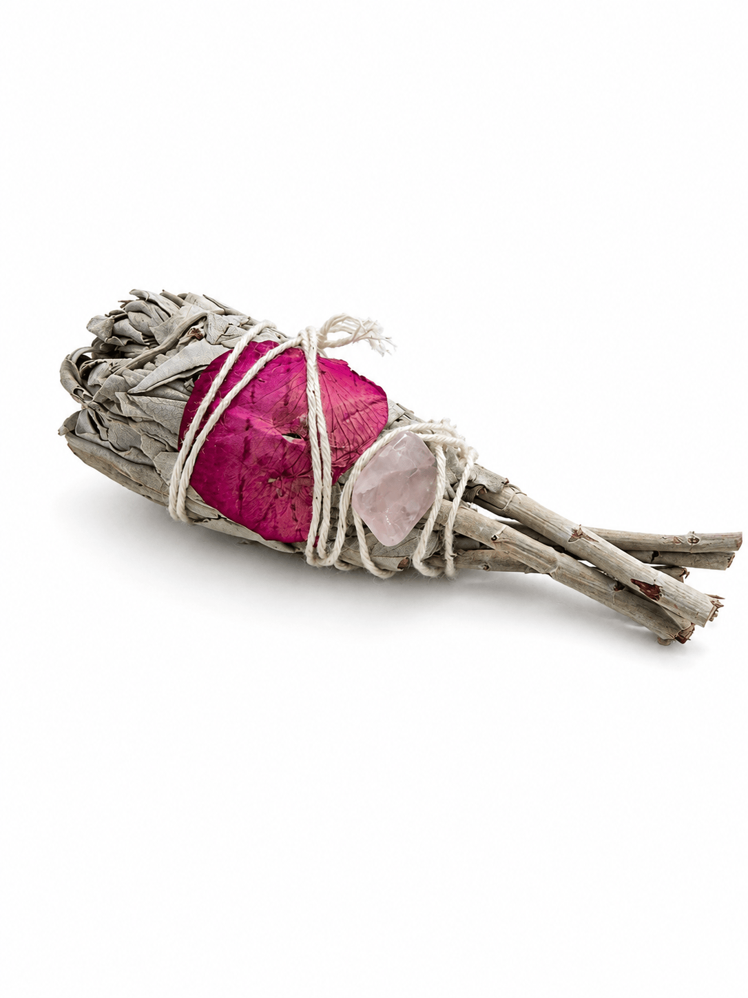 Sacred Light Soundbaths and Crystals floral sage and crystal bundle with dried flowers and healing crystals for spiritual cleansing.