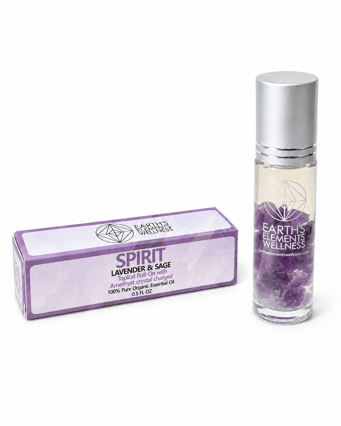 Spirit Organic roll-on perfume and amethyst crystal accessories, featuring a glass roll-on bottle and polished purple amethyst stone.