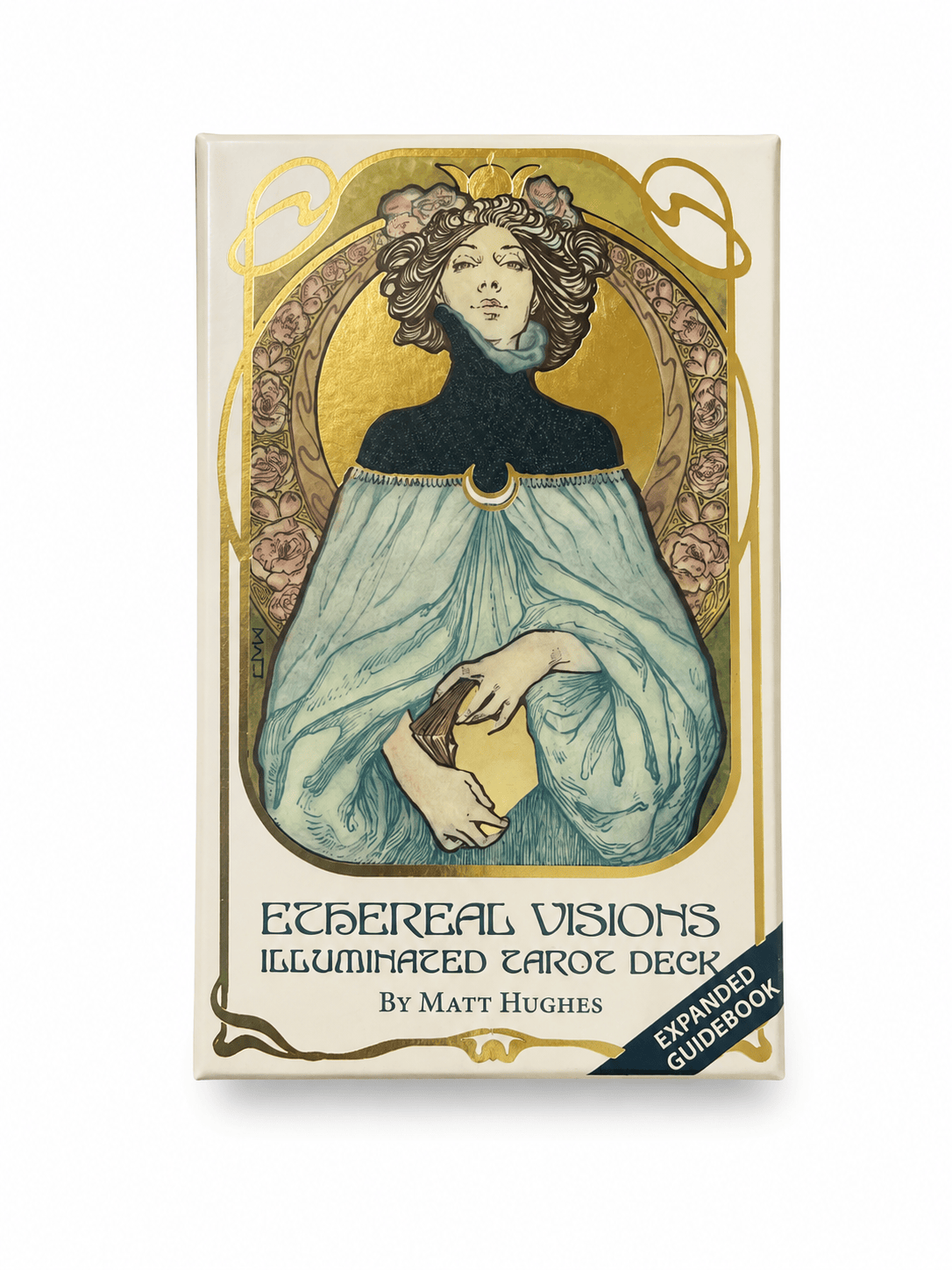 Ethereal Visions Tarot Deck by Sacred Light Soundbaths and Crystals featuring colorful, detailed tarot cards spread out on a surface.