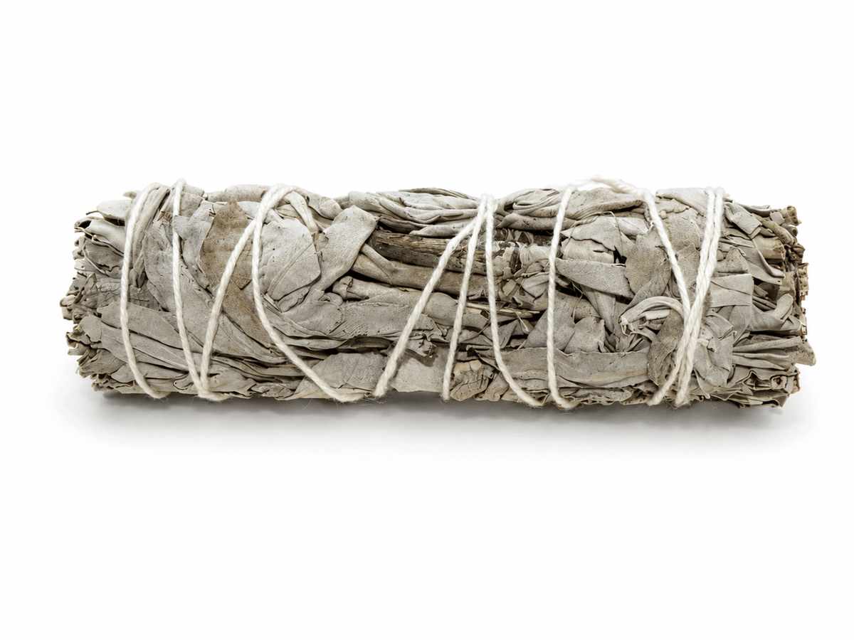 Medium sage bundle smudge stick from Sacred Light Soundbaths and Crystals, fresh and dried sage leaves tied together for cleansing rituals.