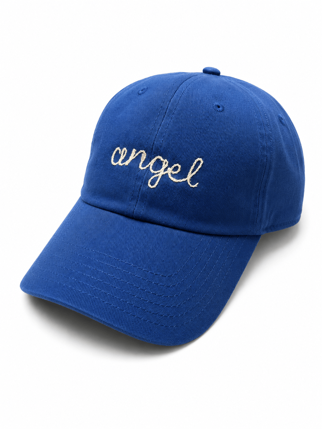 Blue "Angel" Chainstitch Cap by Sacred Light Soundbaths and Crystals featuring detailed embroidery and a comfortable fit.