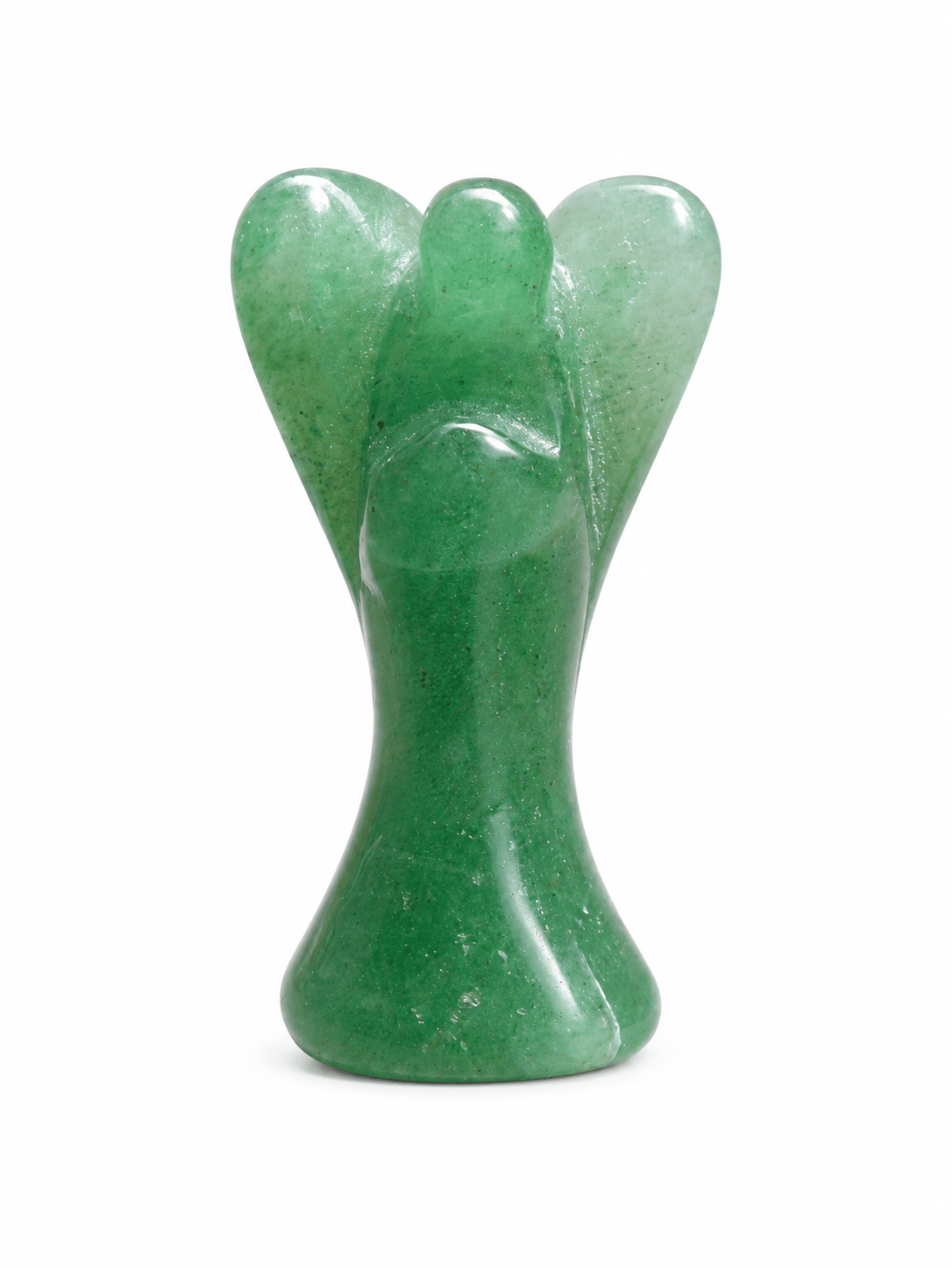 Green Aventurine pocket angel from Sacred Light Soundbaths and Crystals, carved crystal figurine with detailed angel wings and serene expression.