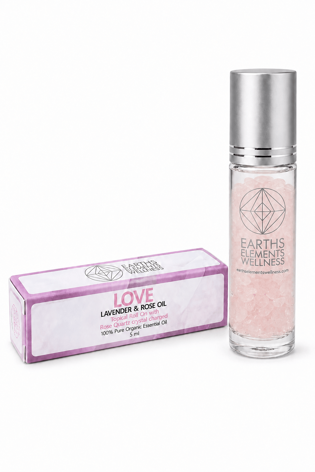 Love Organic roll-on perfume and rose quartz crystals accessory by Sacred Light Soundbaths and Crystals, displayed in a close-up shot.