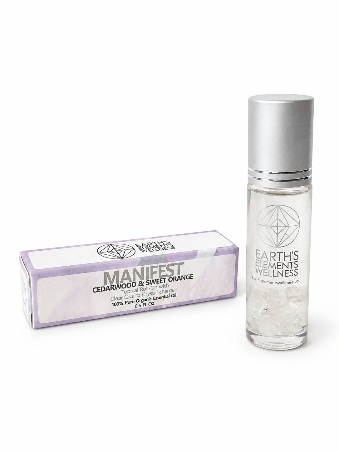 Manifest organic roll-on perfume and clear quartz crystals in a Sacred Light Soundbaths and Crystals accessories image.