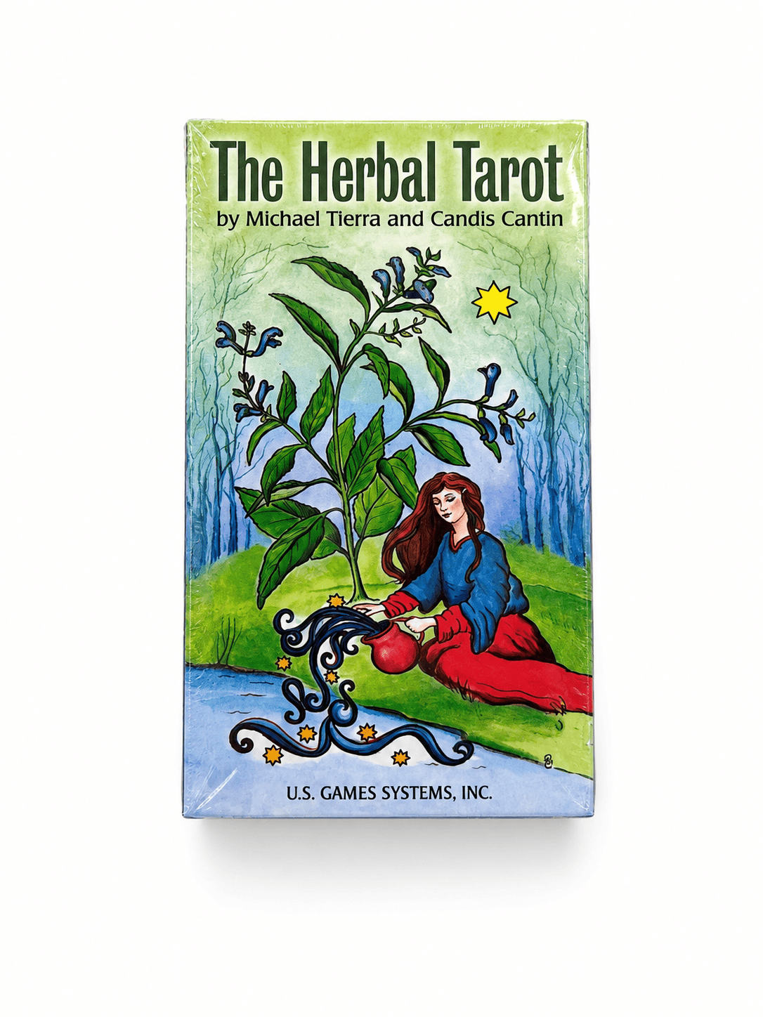 Herbal Tarot Deck by Sacred Light Soundbaths and Crystals, colorful illustrated cards fanned out on a wooden surface.