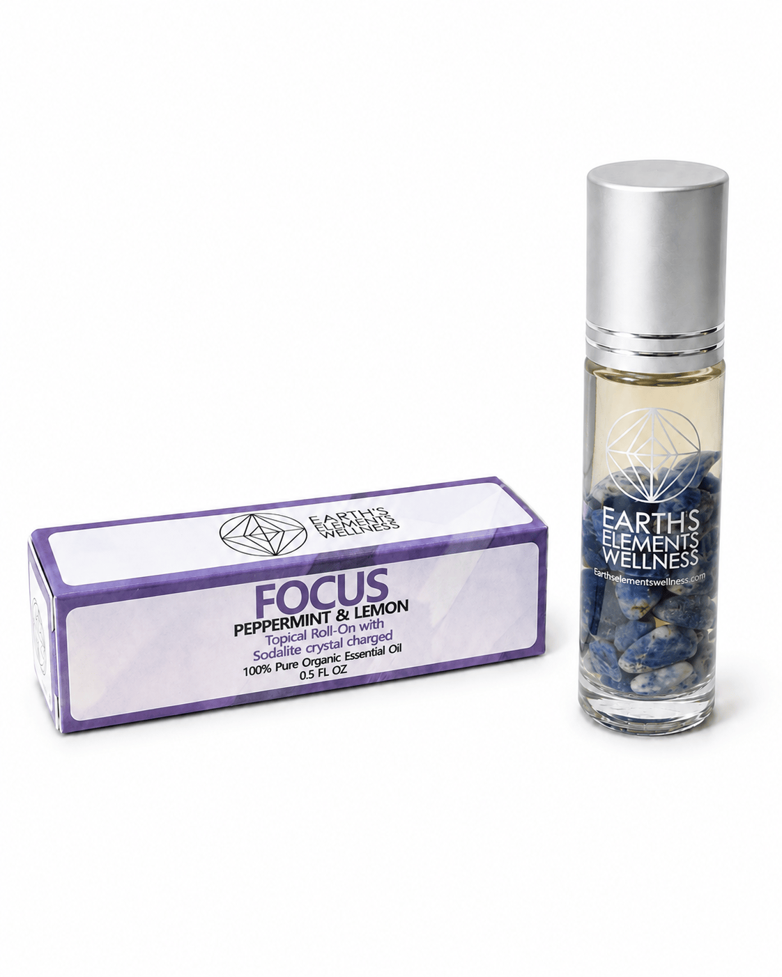 Focus Organic roll-on perfume bottle and sodalite crystals resting on a white surface, showcasing Sacred Light Soundbaths and Crystals accessories.