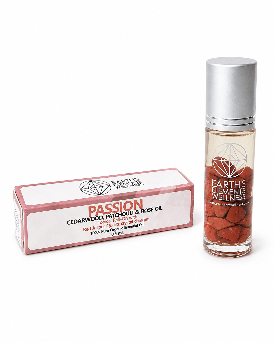 Passion Organic roll-on perfume and red jasper crystals from Sacred Light Soundbaths and Crystals, featuring a glass bottle and red gemstone