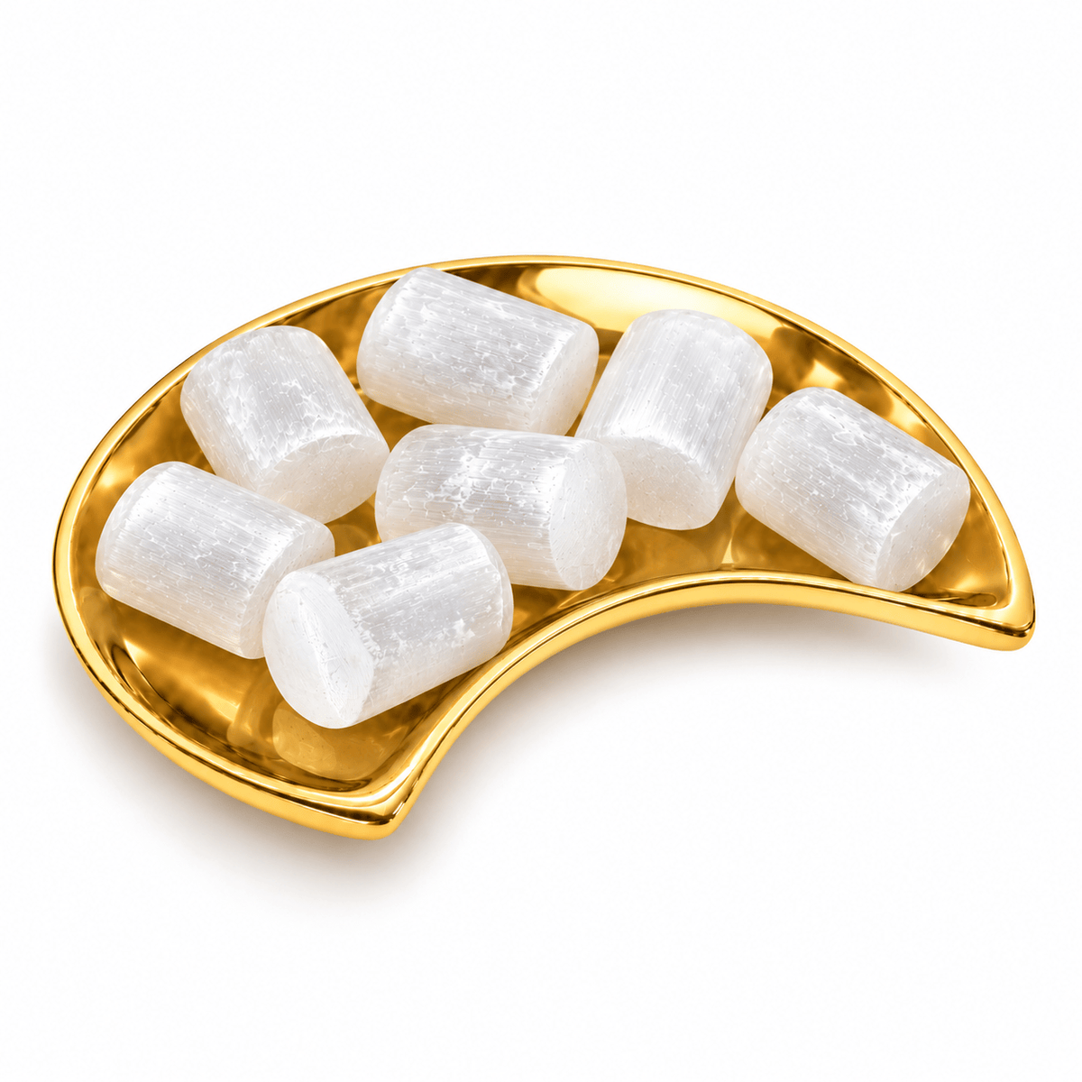 Smooth tumbled selenite crystal from Sacred Light Soundbaths and Crystals, showcasing its translucent, milky white appearance.