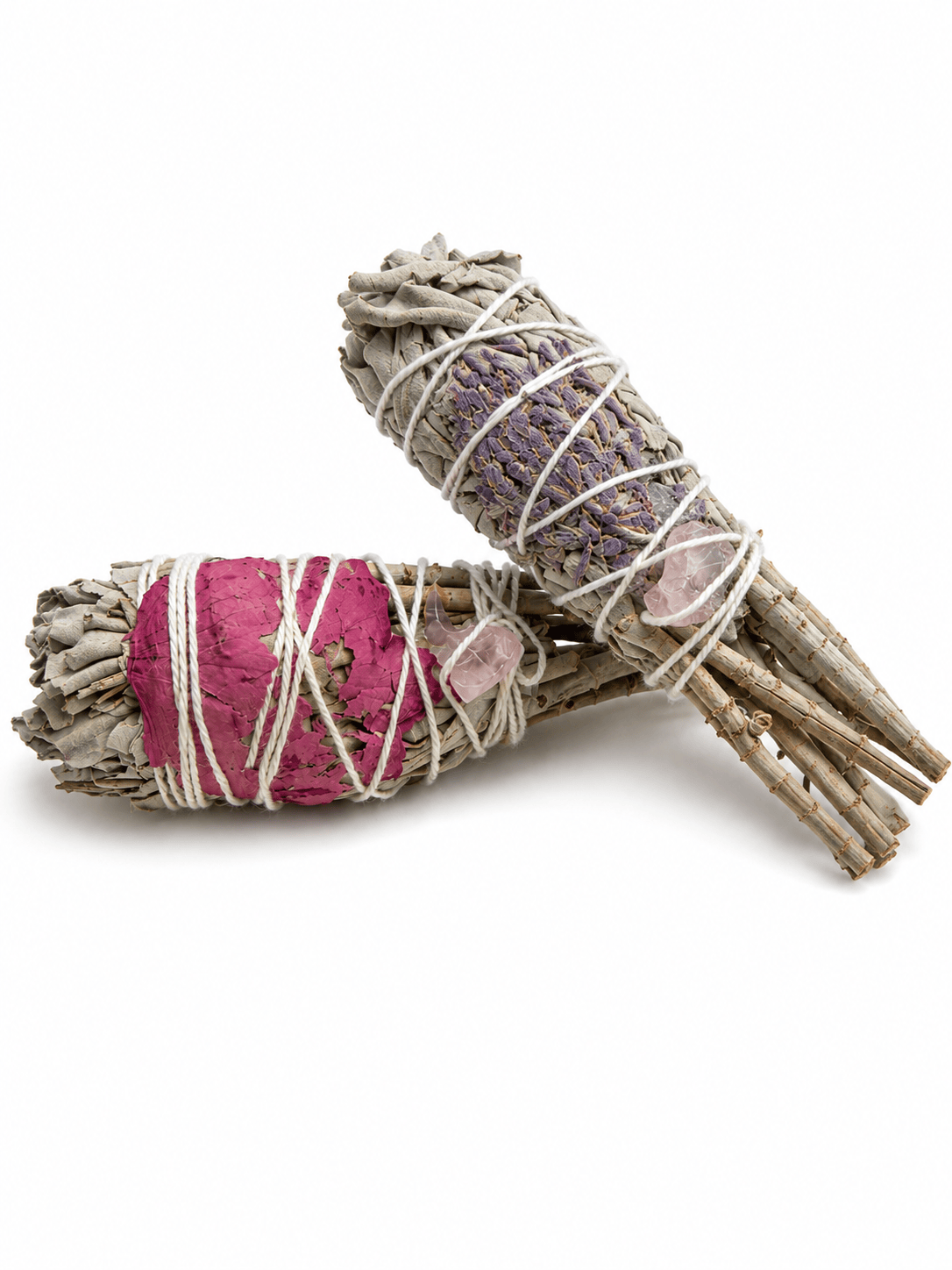 Sacred Light Soundbaths and Crystals floral sage bundle with crystals and dried flowers for cleansing and spiritual rituals.