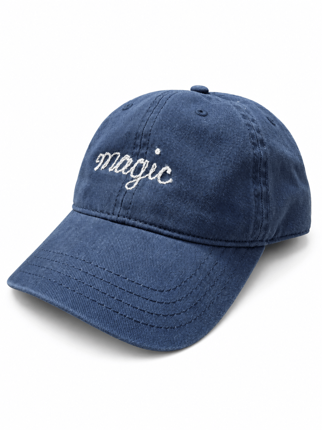 Blue "Magic" Chainstitch Cap by Sacred Light Soundbaths and Crystals with detailed chainstitch embroidery on soft fabric.