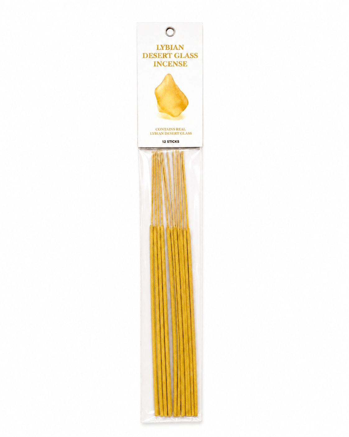 Libyan Desert Glass incense from Sacred Light Soundbaths and Crystals, with a close-up view of the transparent, golden-yellow mineral.