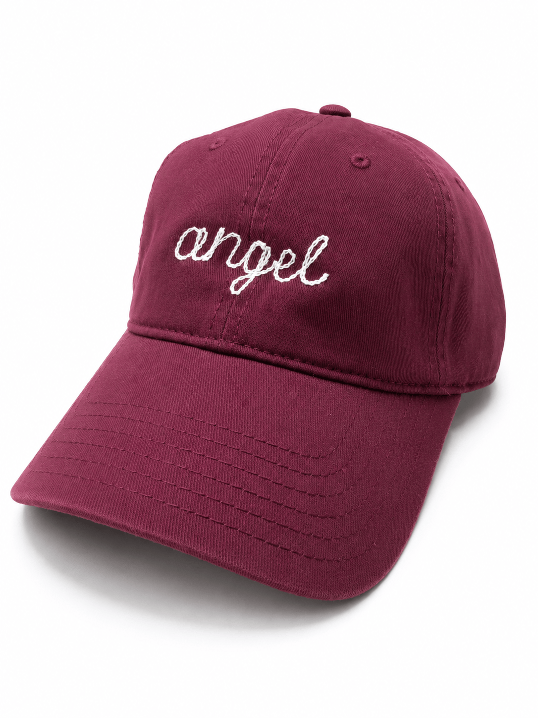 Red "Angel" Chainstitch Cap by Sacred Light Soundbaths and Crystals, featuring detailed embroidery and a comfortable fit.