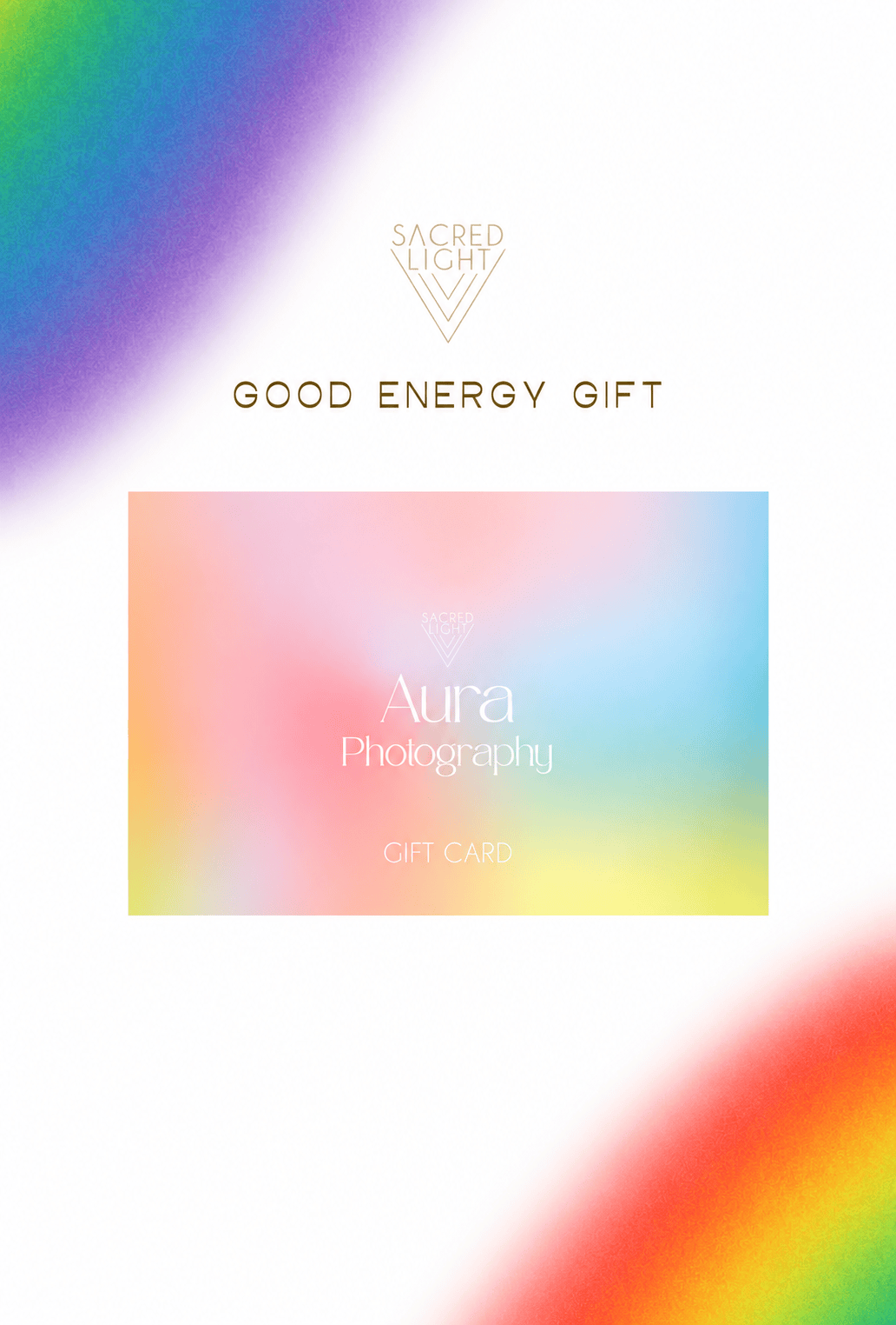 Sacred Light Soundbaths and Crystals Aura Photography Gift Card on white background, featuring elegant design and branding.