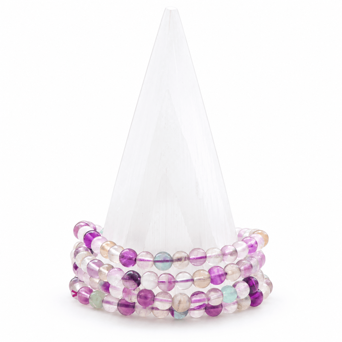 Medium fluorite bracelet by Milk and Honey featuring polished green and purple fluorite beads on a jewelry bracelet.