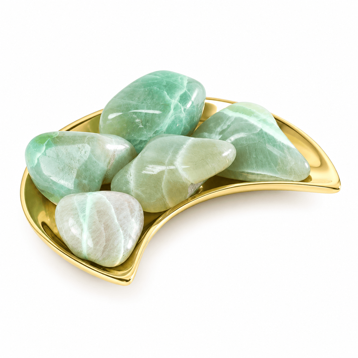 Tumbled green moonstone stone from Sacred Light Soundbaths and Crystals, showcasing smooth, polished green gemstone with natural luster.