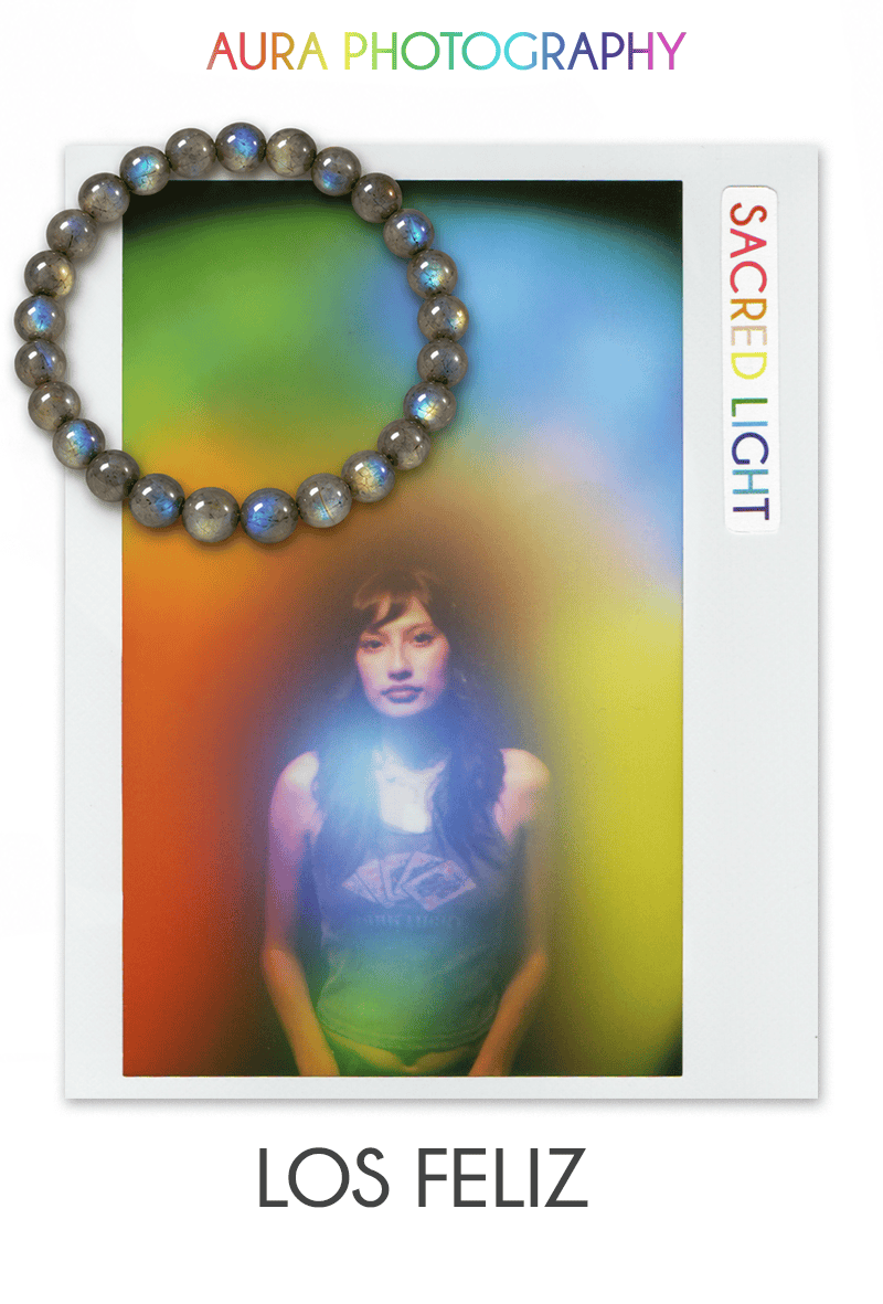 Aura photography image showing a colorful aura around a person, with a short reading and bracelet pairing from Sacred Light Soundbaths.