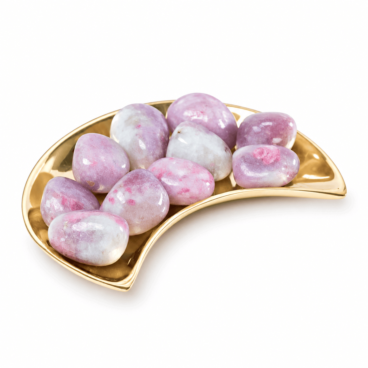 Tumbled pink tourmaline and lepidolite stones from Sacred Light Soundbaths and Crystals, showcasing their smooth, colorful surfaces.