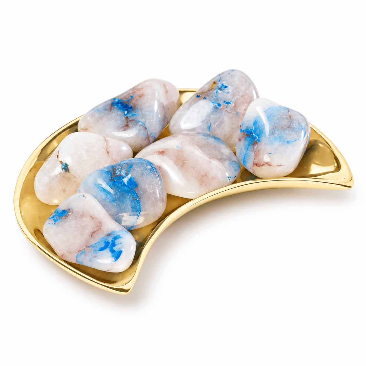 Polished tumbled Shattuckite stone from Sacred Light Soundbaths and Crystals, showcasing deep blue and turquoise hues with natural patterns.