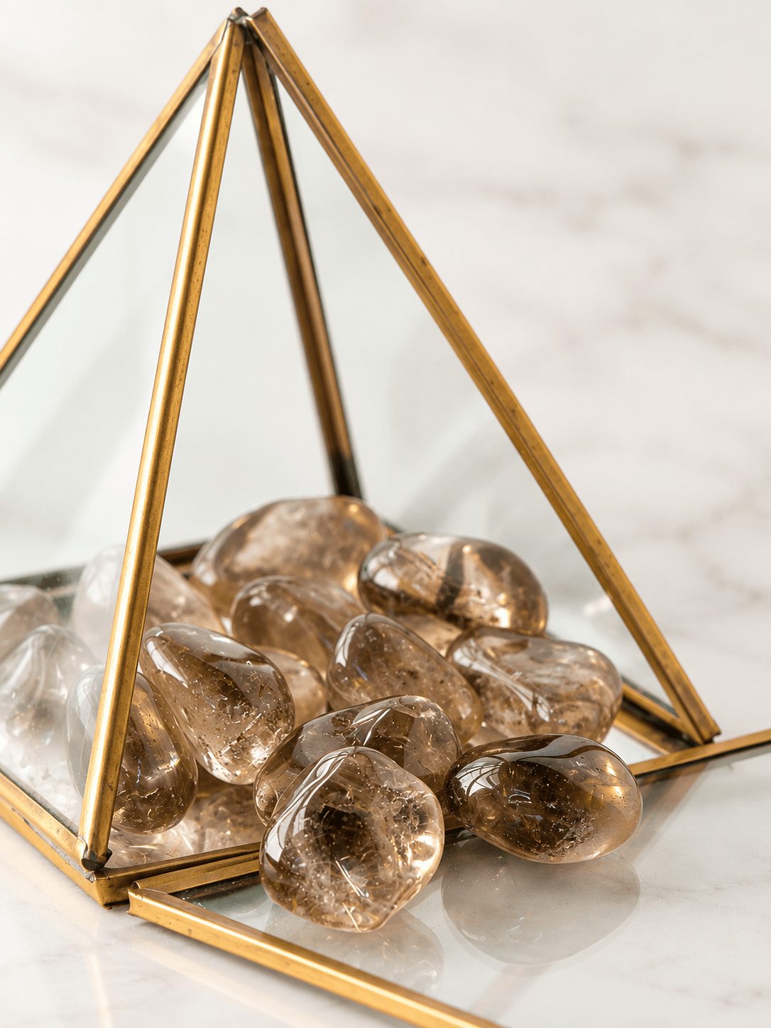 Tumbled smoky quartz stone from Sacred Light Soundbaths and Crystals, showcasing its polished, smoky brown appearance.