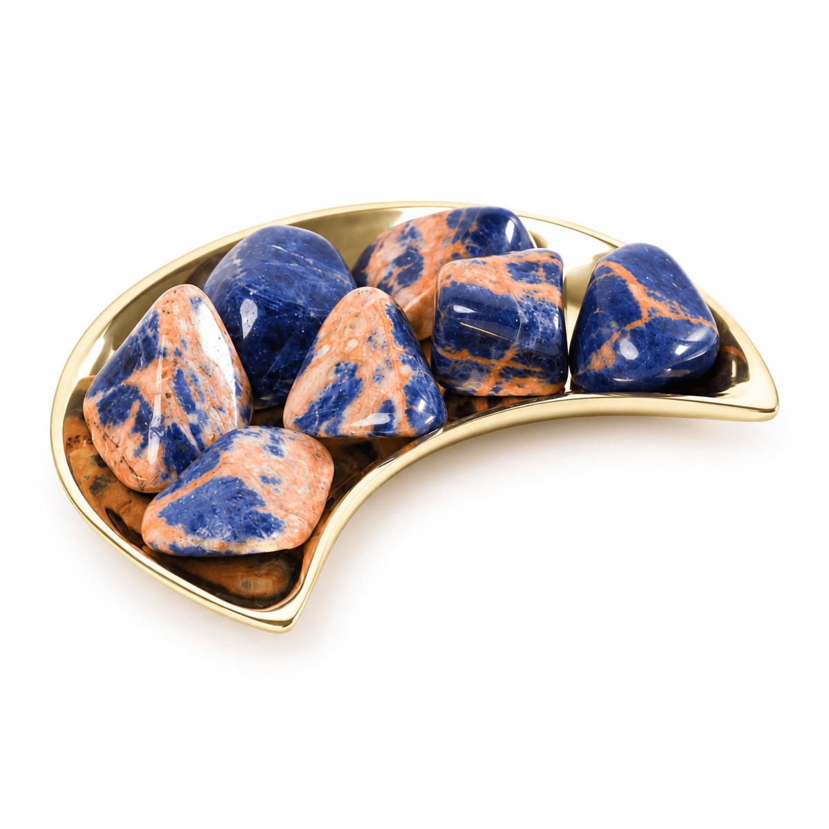 Tumbled Sunset Sodalite stone from Sacred Light Soundbaths and Crystals, showcasing deep blue and gold-toned mineral patterns.