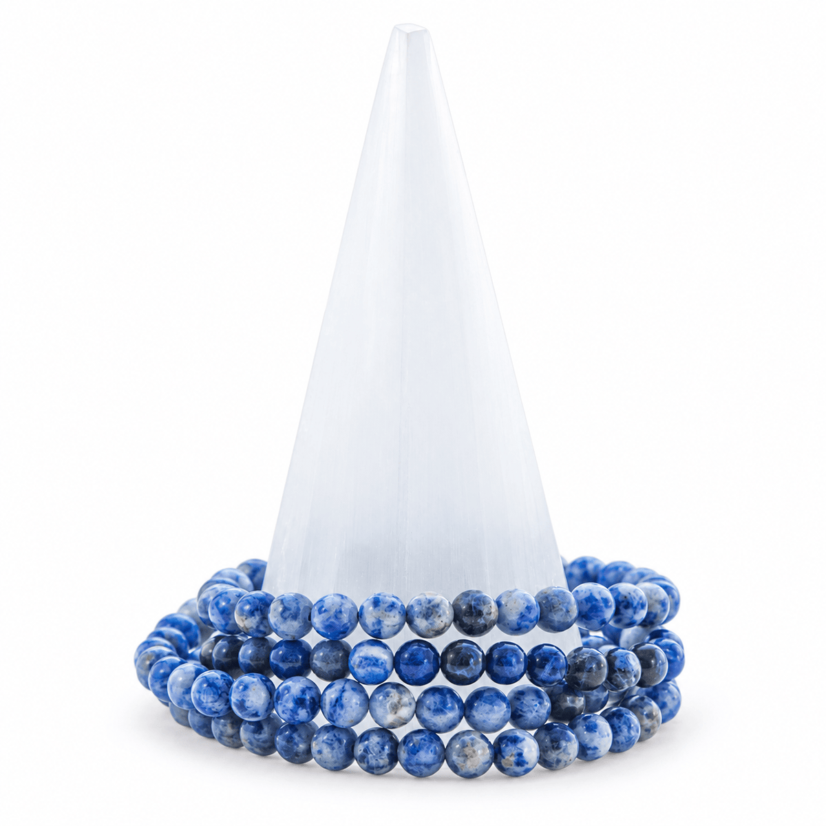 Medium Sodalite bracelet by Milk and Honey featuring deep blue and white gemstone beads on a stretch elastic band.