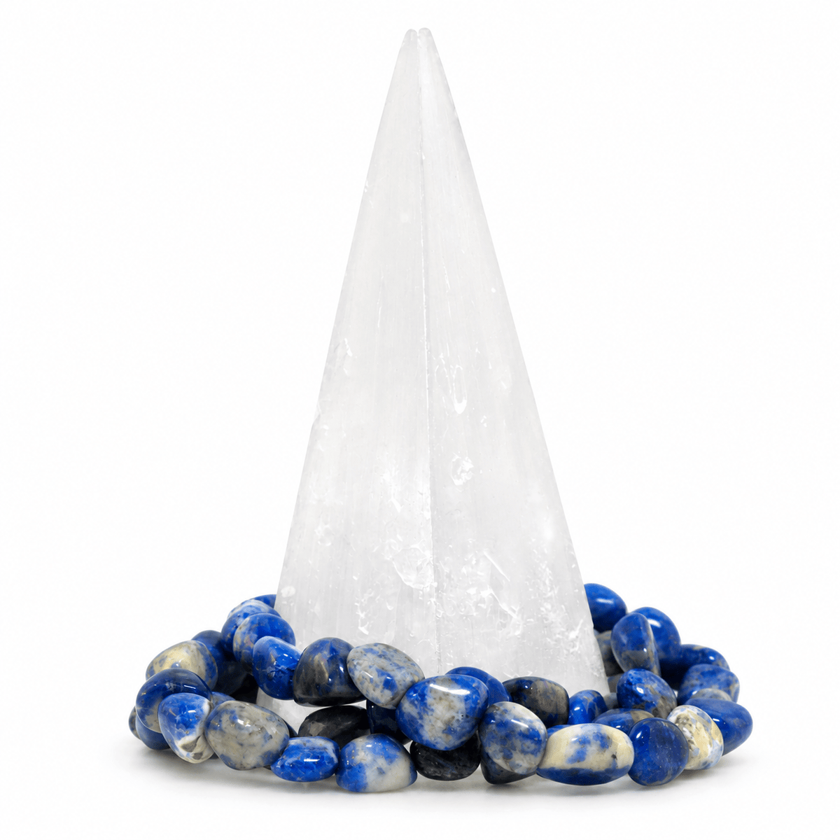 Sodalite bracelet from Milk and Honey Jewelry featuring blue and white stone beads on an elastic band.