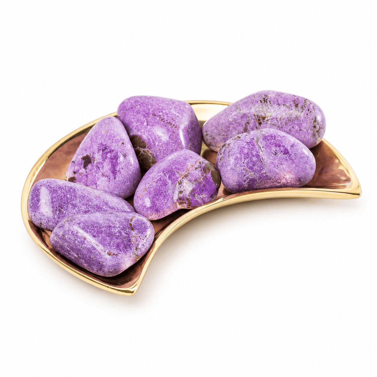 Polished tumbled stichtite crystal from Sacred Light Soundbaths and Crystals, showcasing its vibrant purple and blue hues.