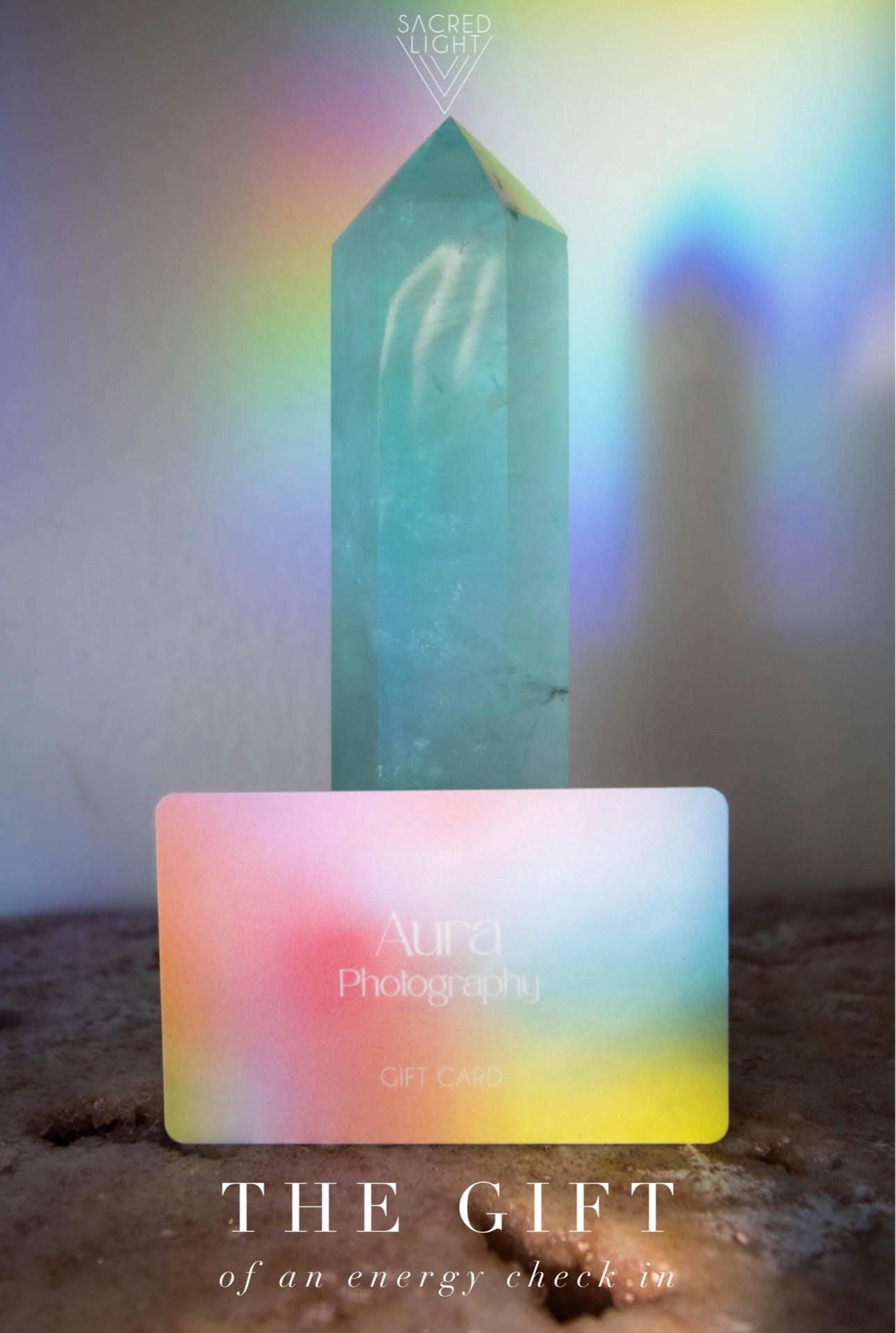 Sacred Light Soundbaths and Crystals Aura Photography Gift Card showing elegant design and branding on a white background.