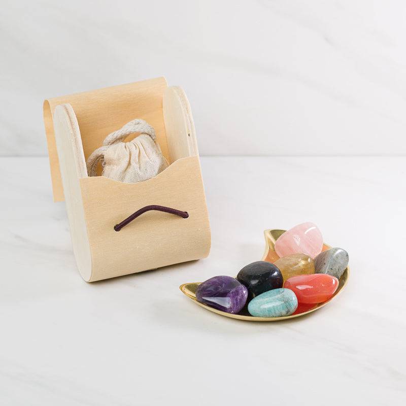 Large chakra gemstone set in a wooden gift box, featuring colorful stones for energy balancing and healing.