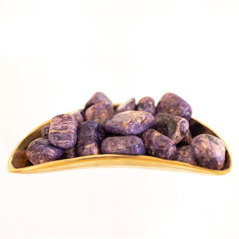 Tumbled Charoite and Tinaksite stones from Sacred Light Soundbaths and Crystals, showcasing vibrant purple and blue mineral textures.