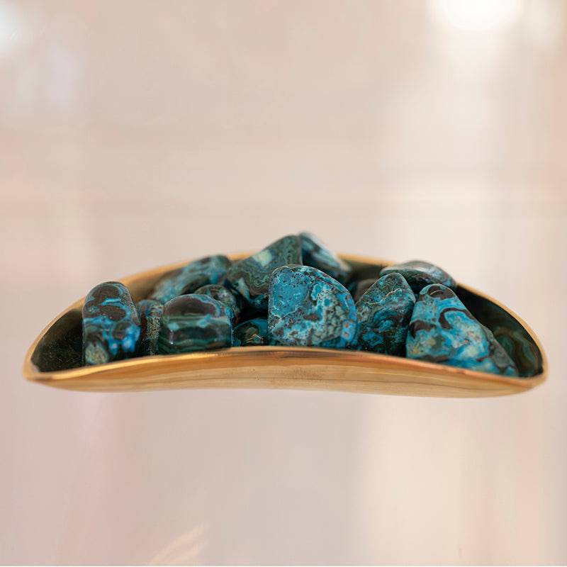 Smooth tumbled Malacholla stones with vibrant green Malachite and blue Chrysocolla, from Sacred Light Soundbaths and Crystals.