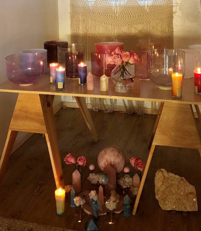 Sacred Light Sound Bath Meditation session with crystals, featuring calming sound therapy and protective energy visuals.