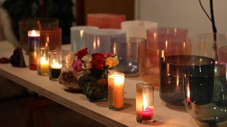 Sacred Light Sound Bath Meditation session with crystal bowls, featuring calming visuals and peaceful atmosphere.