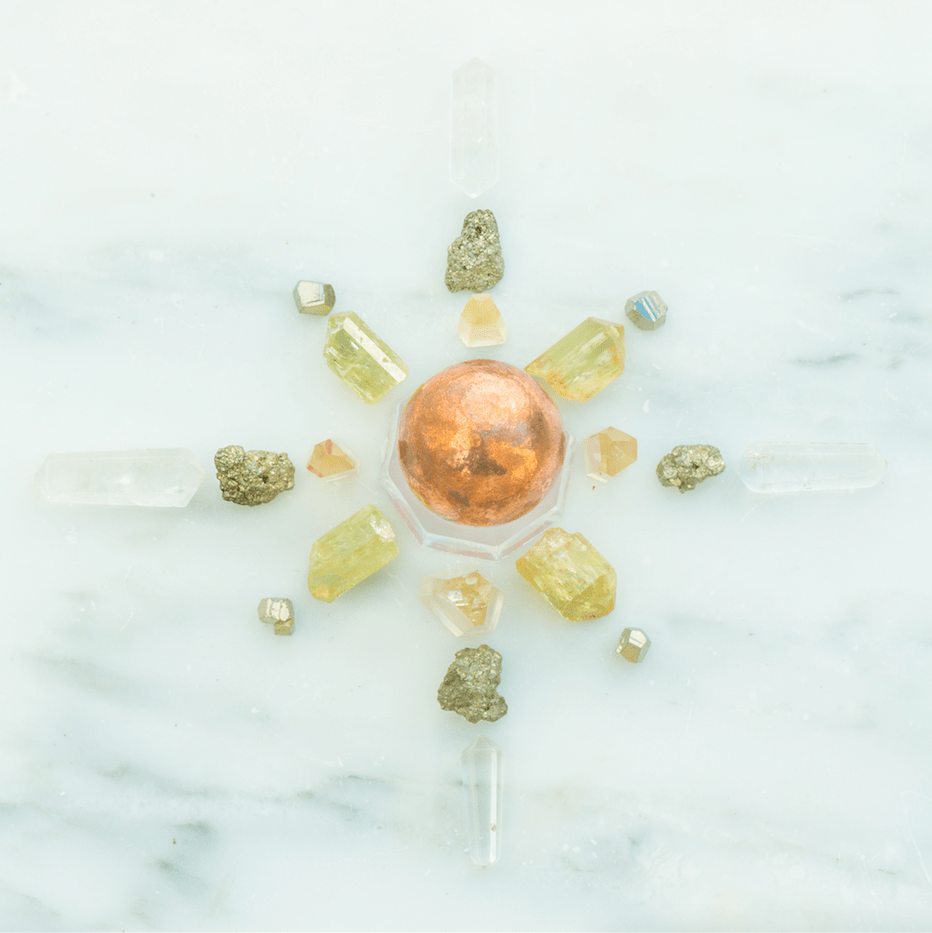 Sacred Light Soundbaths and Crystals Abundance Crystal Grid Kit ritual kit with crystals, grid layout, and guiding tools.