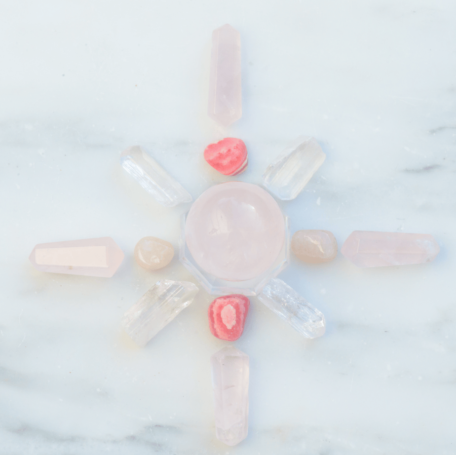 Sacred Light Soundbaths and Crystals Love Crystal Grid Kit ritual set with crystals and tools for spiritual practice.