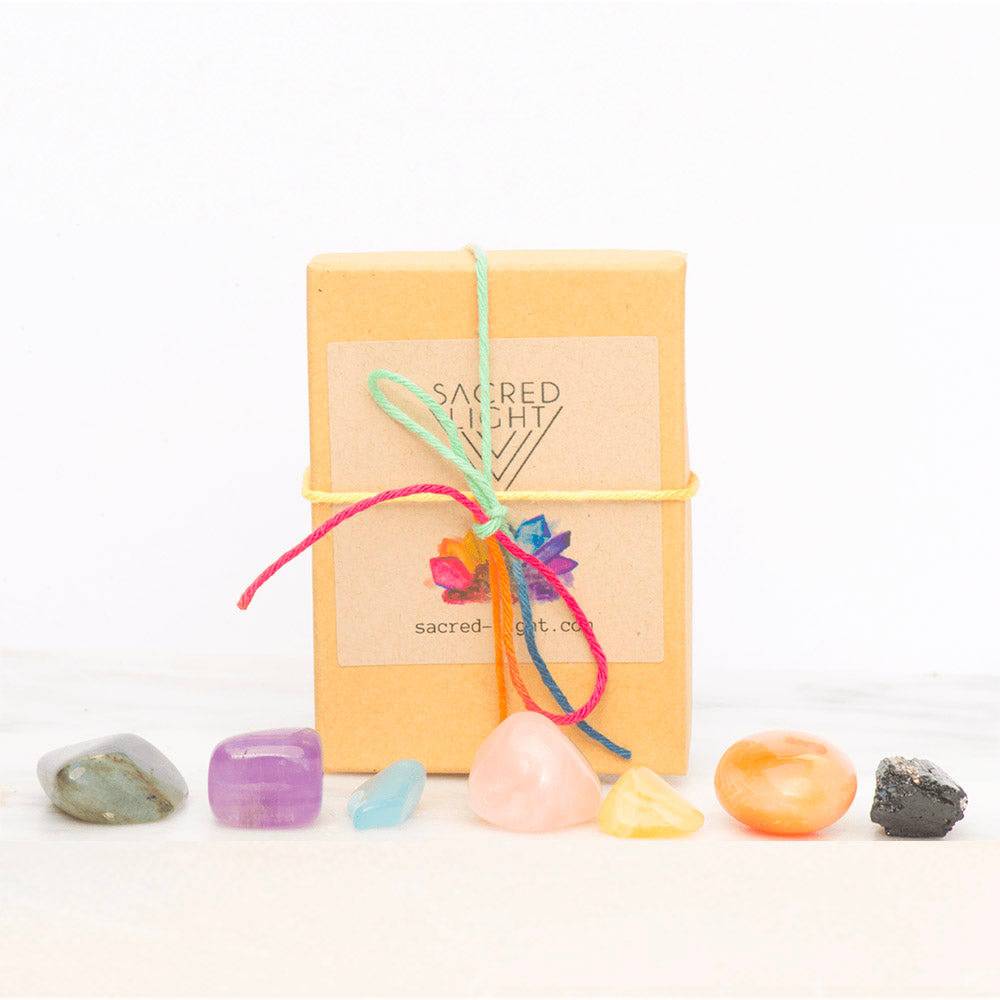 Small chakra gemstone set with colorful crystals for energy balancing, from Sacred Light Soundbaths and Crystals.