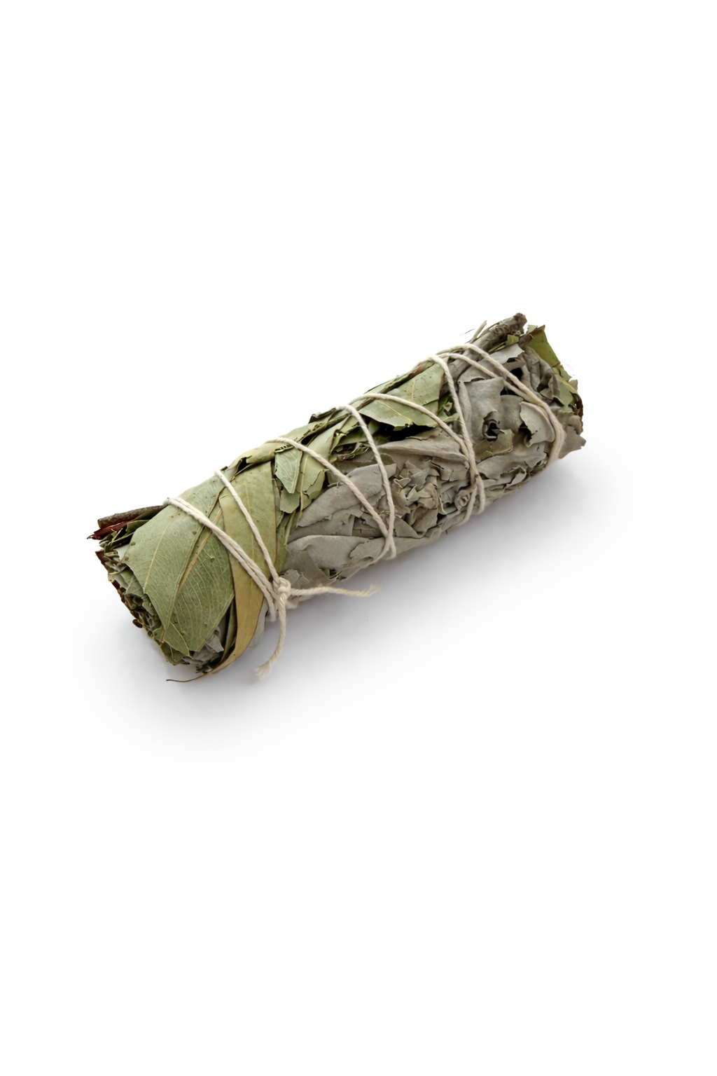 Sacred Light Soundbaths and Crystals sage and eucalyptus bundle with fresh green leaves and aromatic herbs.