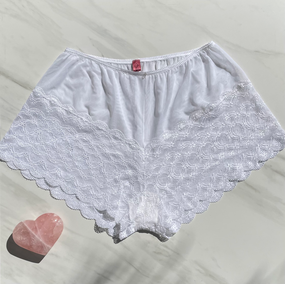 Limited edition Goddess White Italian lace underwear with zircon gem embellishments by Sacred Light, featuring delicate embroidery and elegant design.