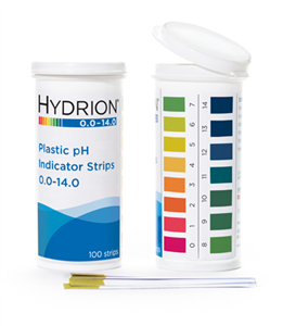 Hydrion Spectral 0-14 plastic pH strip used for testing pH levels, shown partially unrolled on a white background.