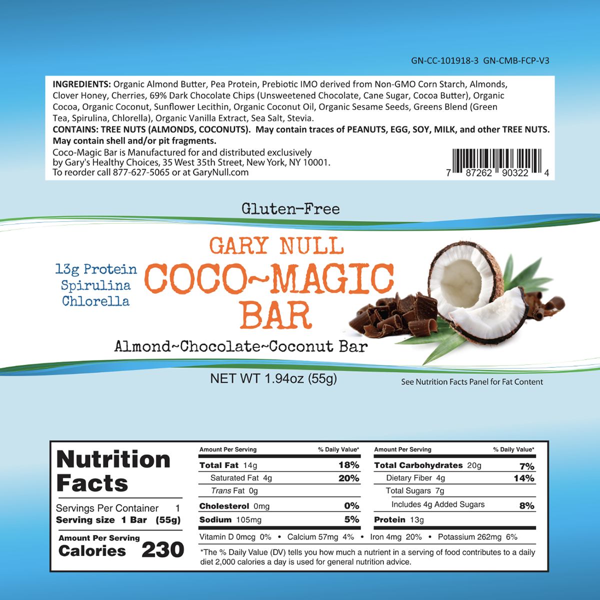 Coco-Magic Bars by Gary Null with coconut flavor and natural ingredients, featuring the product label on a white background.